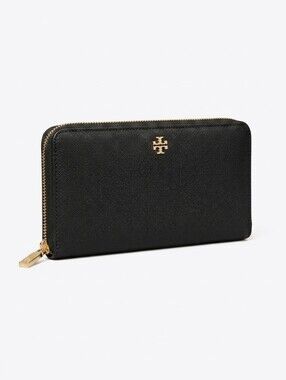 Tory Burch Black Leather Zip Wallet with Gold Logo